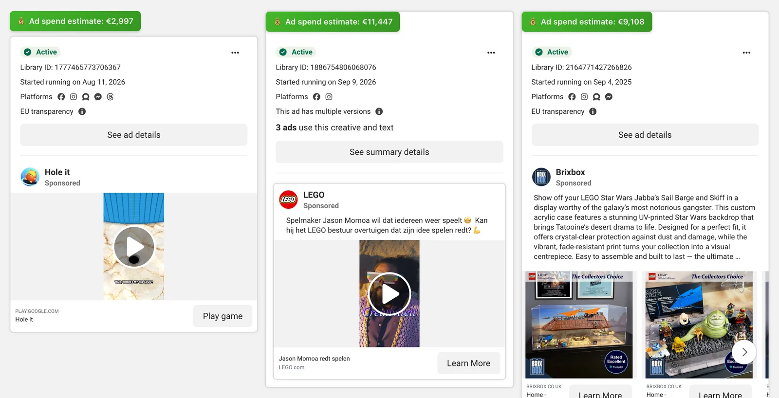 Meta Ad Library search results with an estimated spend badge on every ad: €2,997, €11,447 and €9,108