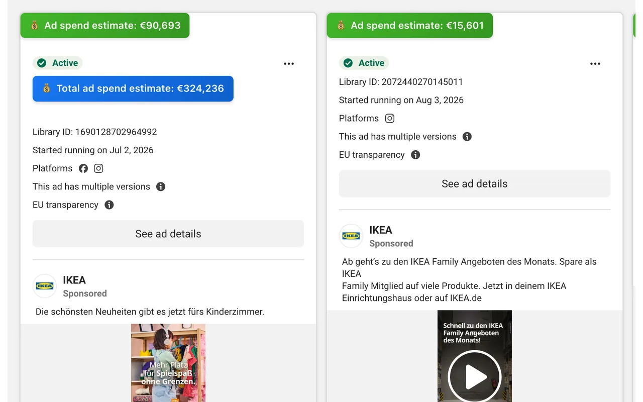 IKEA ads in the Meta Ad Library with an estimated spend badge on each ad and a €324,236 advertiser total